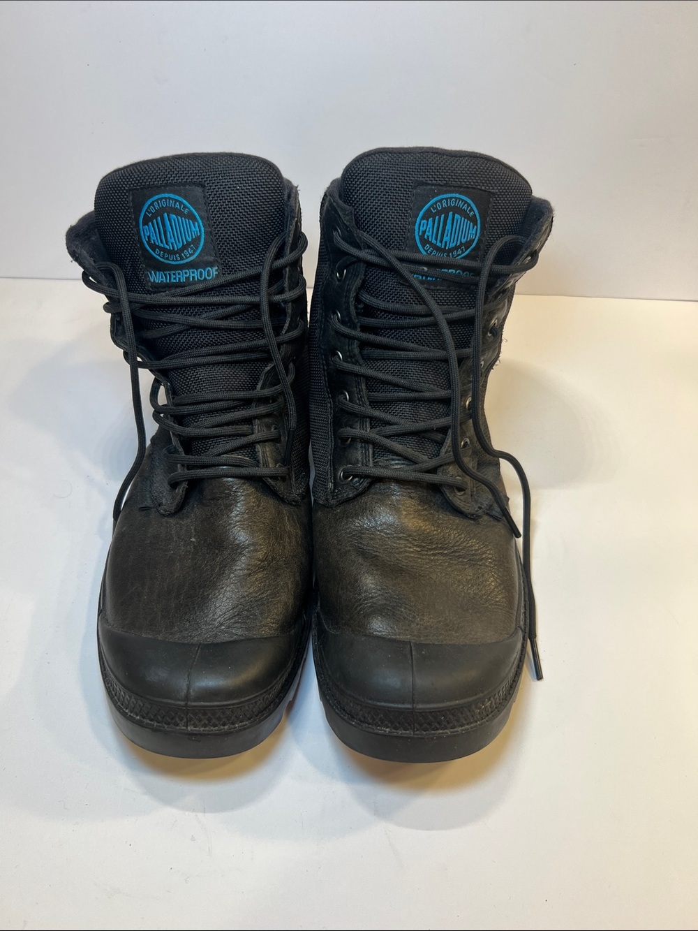 Palladium Men's Black Lace-Up Waterproof Leather Boots with Blue Logo